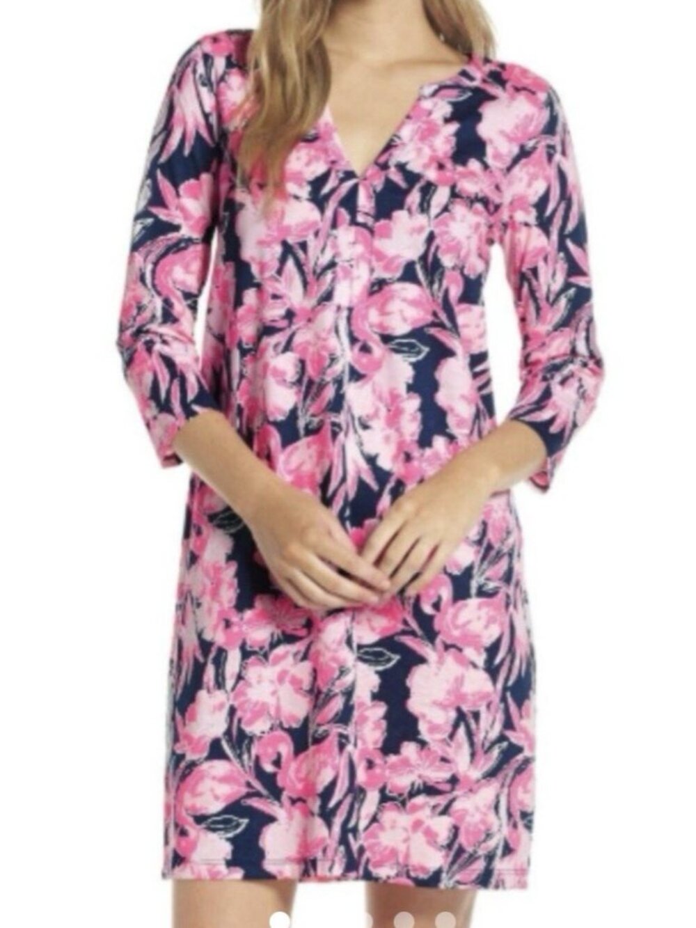 NWT Lilly Pulitzer M Dress Sheath Navy Hot Pink 3/4 Sleeve Pima Flamingo Cruise